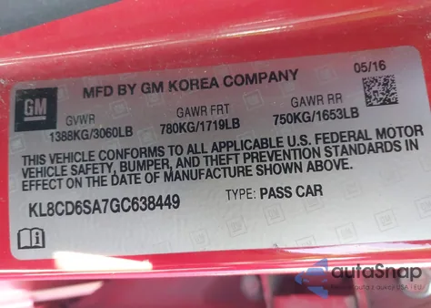 2016 Chevrolet Spark 1Lt Cvt z USA, uszkodzony, nr VIN KL8CD6SA7GC638449